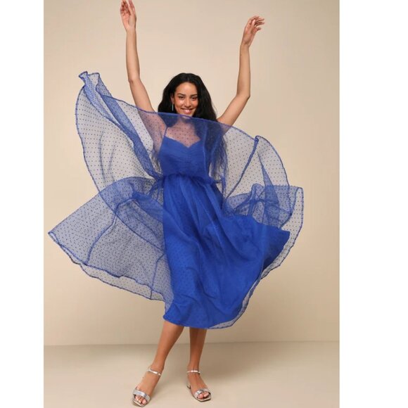 Favorite Event Cobalt Blue Swiss Dot Pleated Tiered Midi Dress - Picture 1 of 5